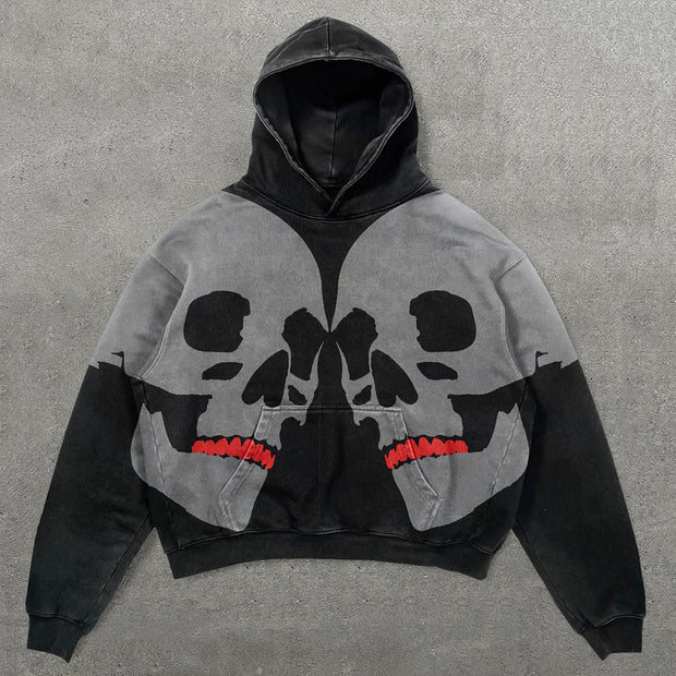 Two Skull Faces Print Long Sleeve Hoodies