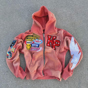 Vintage washed patch zipper hoodie