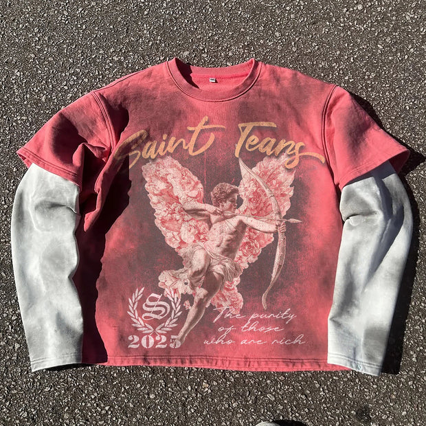 Angel Cupid casual street retro stitching long-sleeved T-shirt