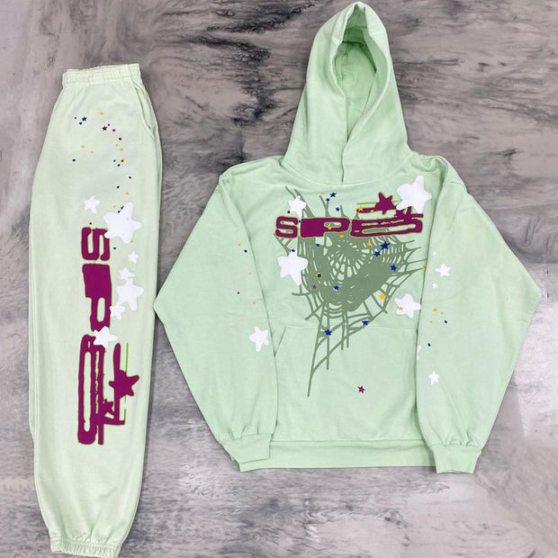Spider Web Print Casual Street Sports Two-Piece Suit