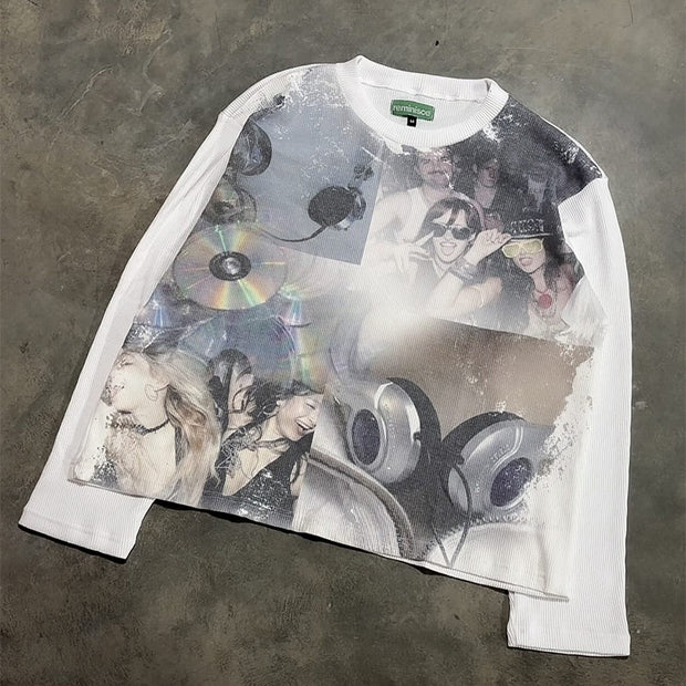 Fashion personality waffle print round neck long sleeve T-shirt