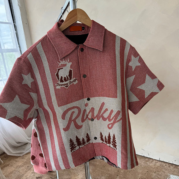 Boy Scout Tapestry Print Short Sleeve Button Lapel Jacket