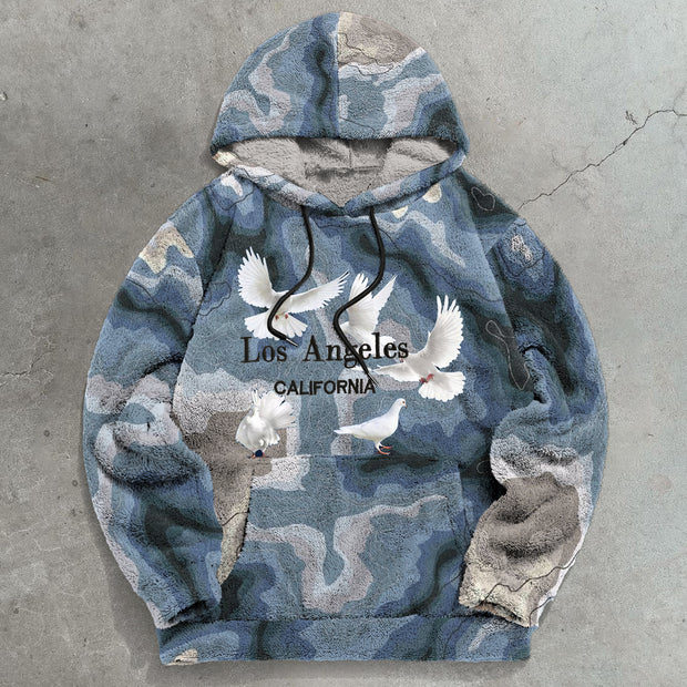 Retro Contrast Dove Print Plush Hoodie