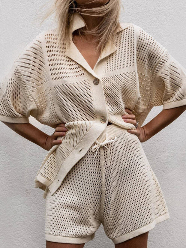 V-neck Hollow Shirt And Shorts Set
