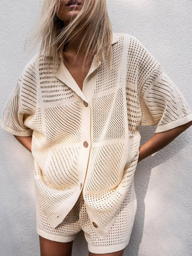 V-neck Hollow Shirt And Shorts Set