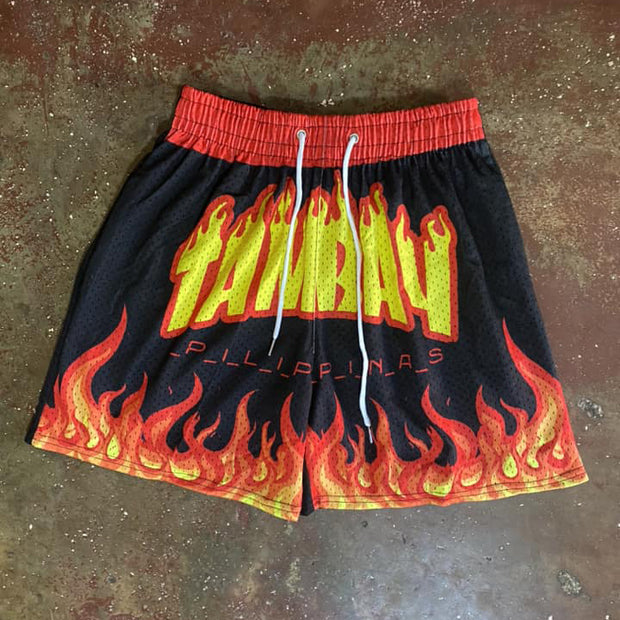 Flame Letters Print Mesh Shorts