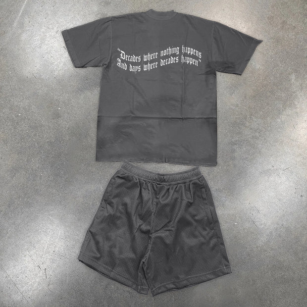 Fashion personality angel print retro T-shirt elastic shorts suit