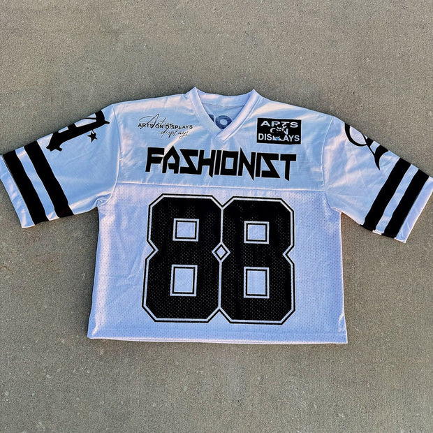 No.88 Printed Splicing V-neck Jersey T-shirt