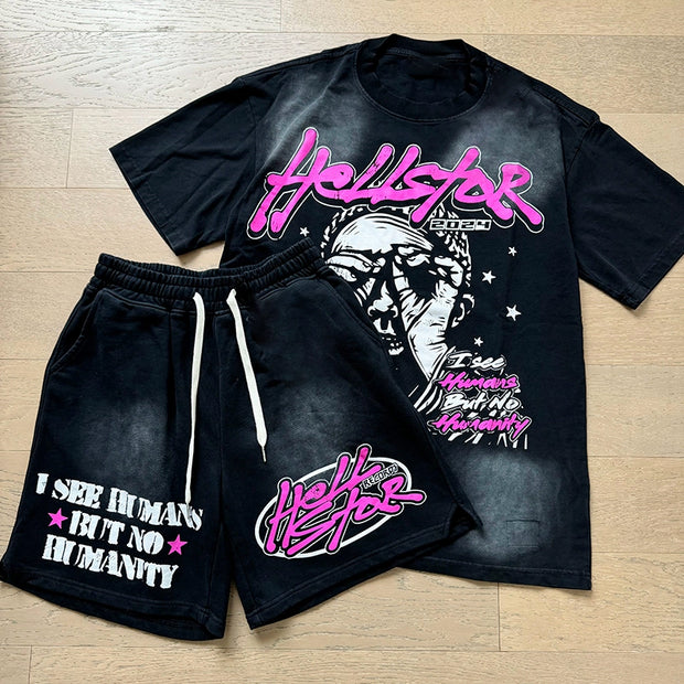 Hip Hop Retro Street Hell T-shirt Shorts Two-Piece Set