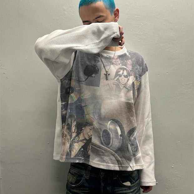 Fashion personality waffle print round neck long sleeve T-shirt