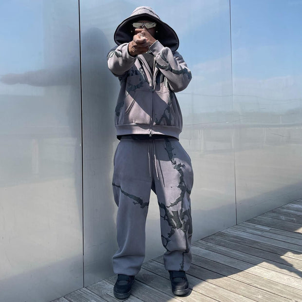 Stylish Full Zip Hoodie Sweatpants Print Two Piece Set