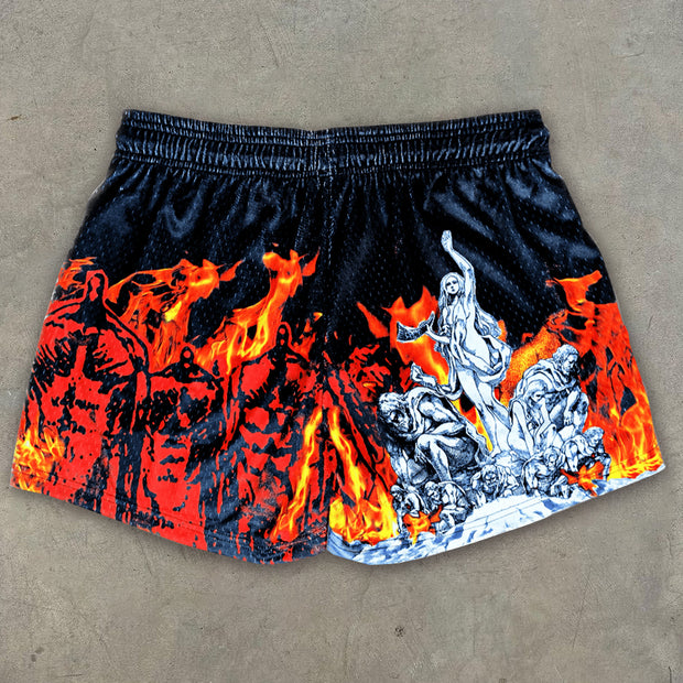 Retro Flame Fighting Anime Print Shorts