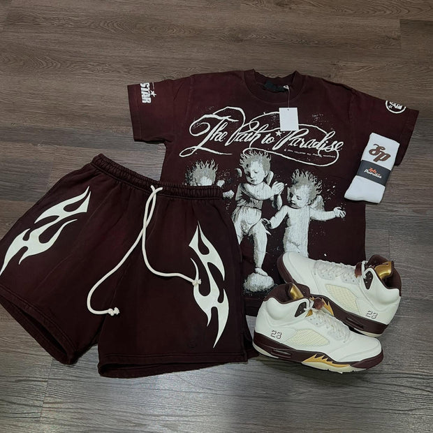 Son of Hell Casual Street Retro T-shirt Shorts Two-piece Set
