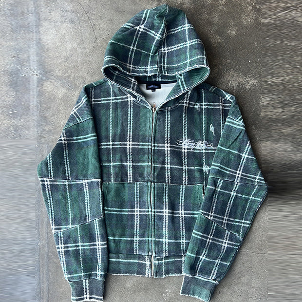 Stylish Casual Plaid Zip-Up Hoodie