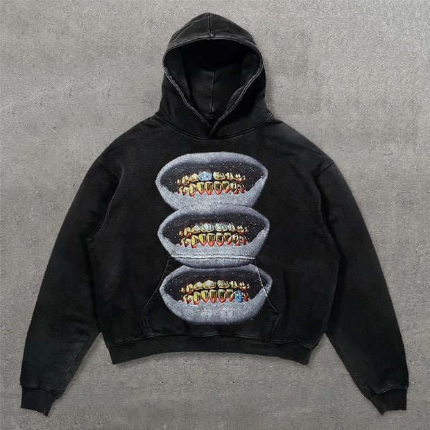 Gold Teeth Print Long Sleeve Hoodies