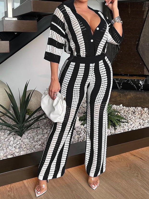 Sexy V-neck Hollow Striped Knitted Suit
