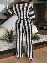 Sexy V-neck Hollow Striped Knitted Suit