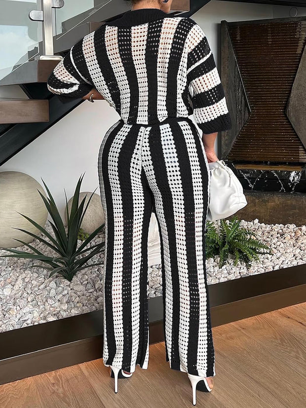 Sexy V-neck Hollow Striped Knitted Suit