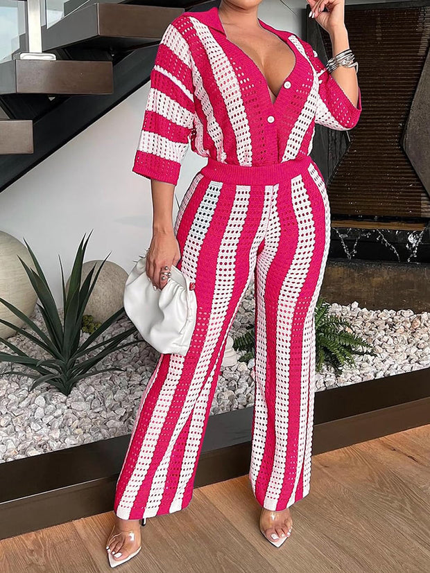 Sexy V-neck Hollow Striped Knitted Suit