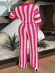 Sexy V-neck Hollow Striped Knitted Suit