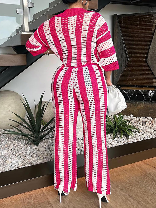 Sexy V-neck Hollow Striped Knitted Suit