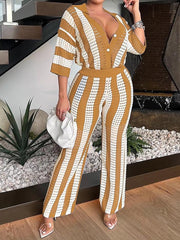 Sexy V-neck Hollow Striped Knitted Suit