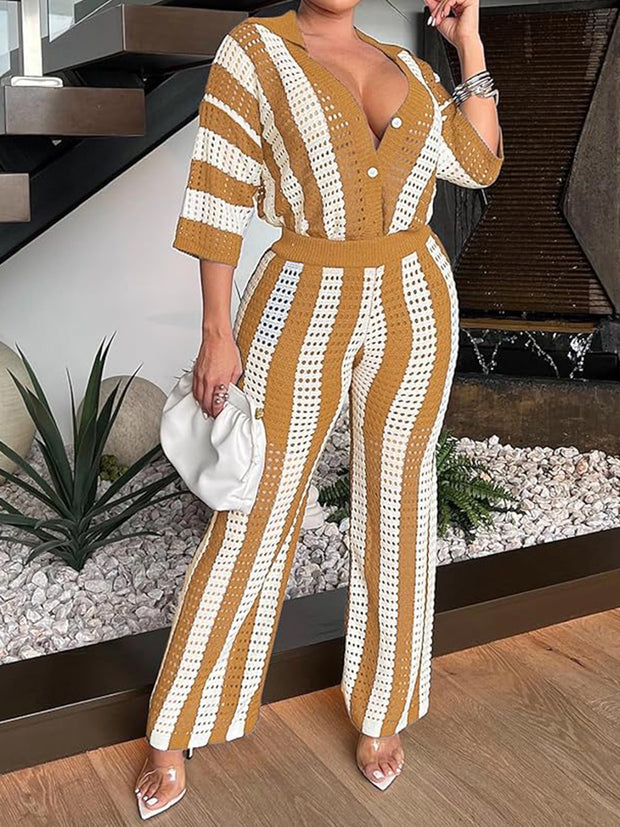 Sexy V-neck Hollow Striped Knitted Suit