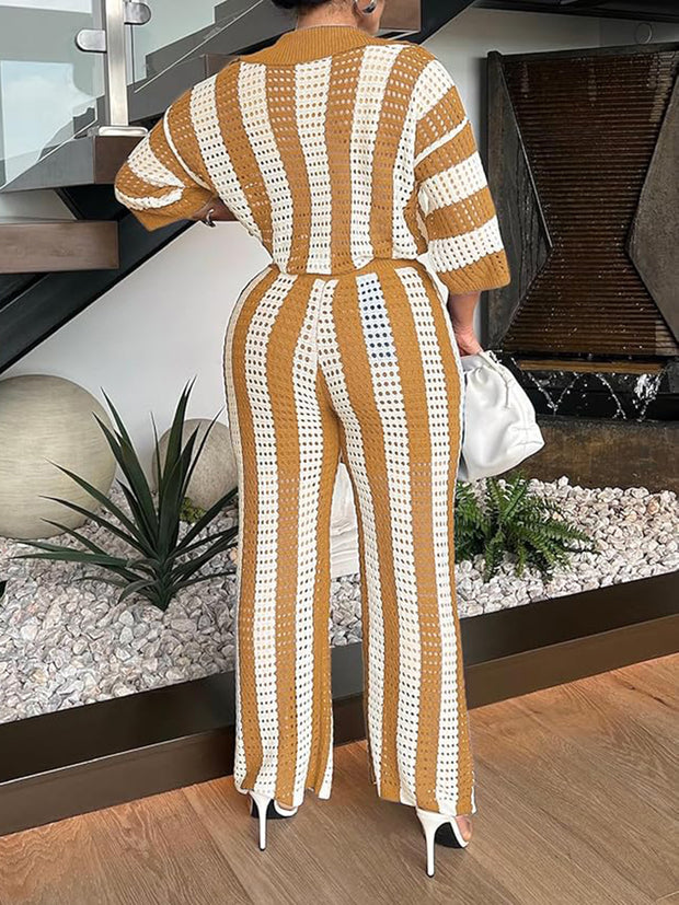 Sexy V-neck Hollow Striped Knitted Suit