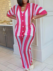 Sexy V-neck Hollow Striped Knitted Suit