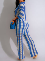 Sexy V-neck Hollow Striped Knitted Suit