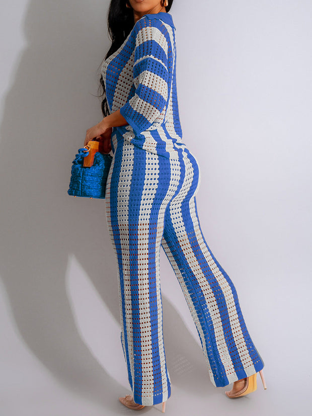 Sexy V-neck Hollow Striped Knitted Suit
