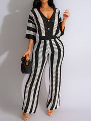 Sexy V-neck Hollow Striped Knitted Suit