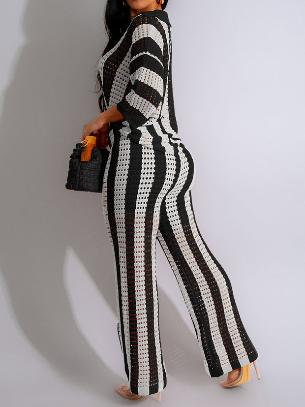 Sexy V-neck Hollow Striped Knitted Suit