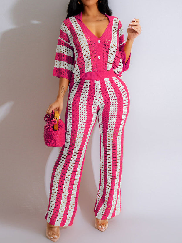 Sexy V-neck Hollow Striped Knitted Suit