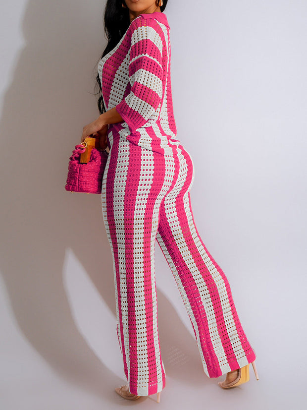 Sexy V-neck Hollow Striped Knitted Suit