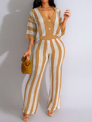 Sexy V-neck Hollow Striped Knitted Suit