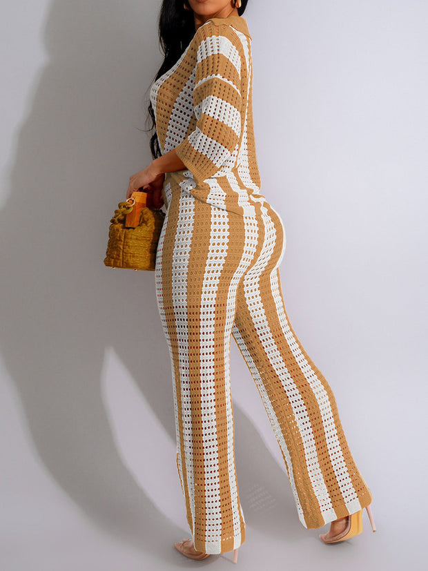 Sexy V-neck Hollow Striped Knitted Suit
