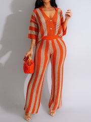 Sexy V-neck Hollow Striped Knitted Suit
