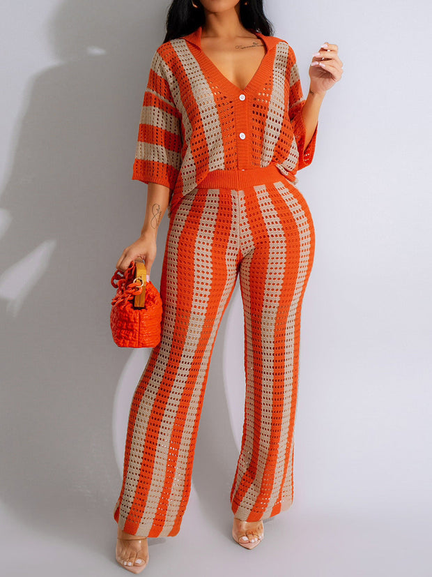 Sexy V-neck Hollow Striped Knitted Suit