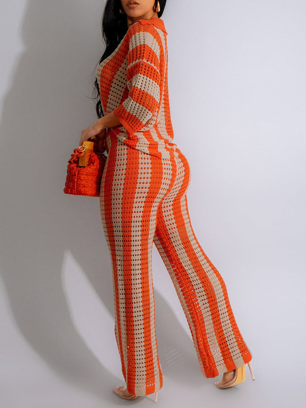 Sexy V-neck Hollow Striped Knitted Suit