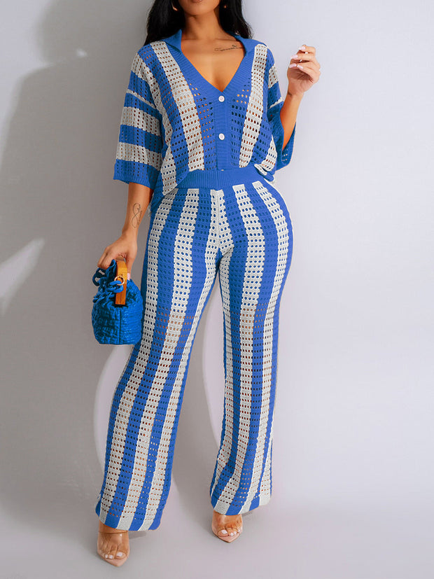 Sexy V-neck Hollow Striped Knitted Suit