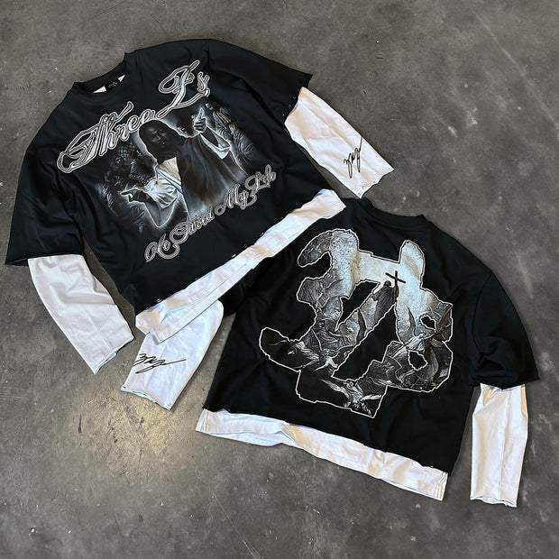 Saint casual street fake two-piece long-sleeved T-shirt