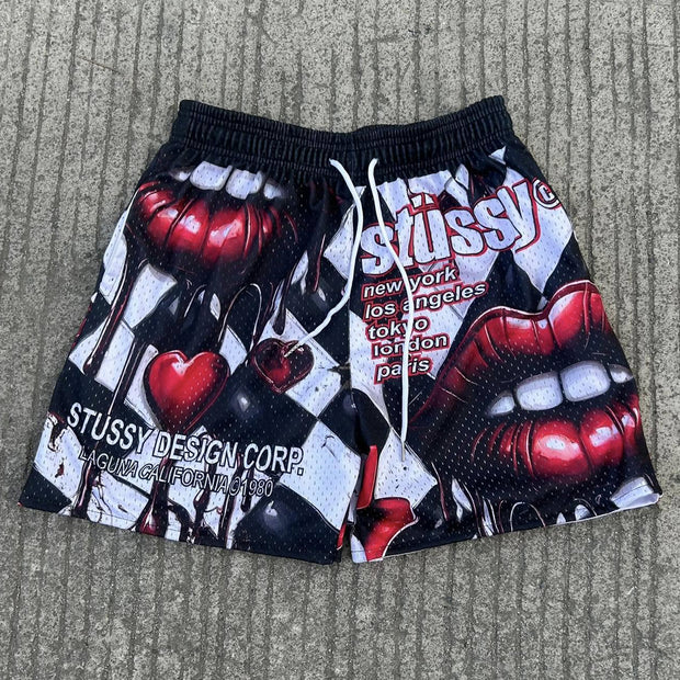 Red Lip Casual Street Hip Hop Sports Mesh Shorts