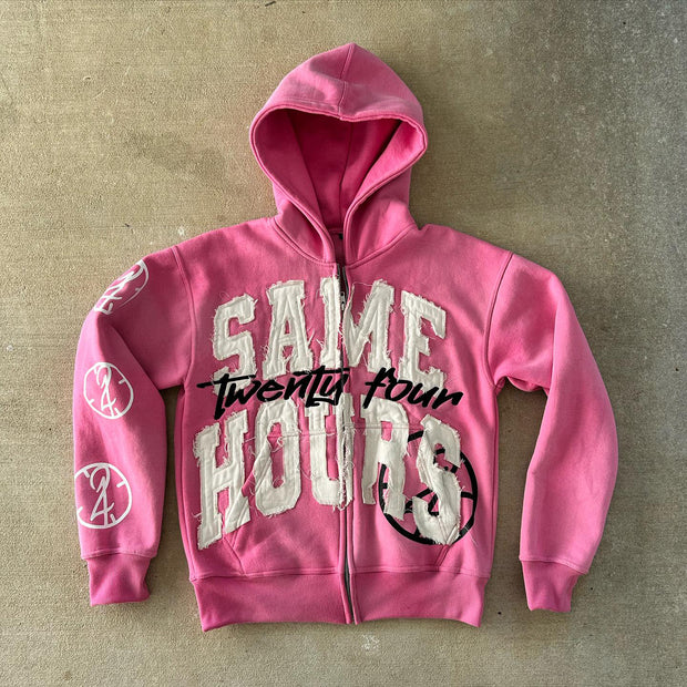 Stylish zippered hoodie with statement patches