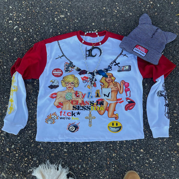 Casual Street Retro Graffiti Stitching Long Sleeve T-shirt
