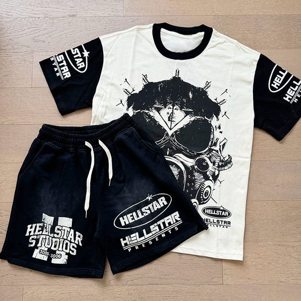 Son of Hell Casual Street Retro T-shirt Shorts Two-piece Set