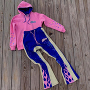 Death Barbie pink casual street patchwork hoodie two-piece suit