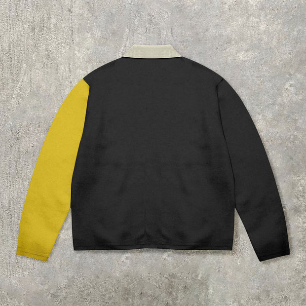 Contrast color POLO collar print sweatshirt