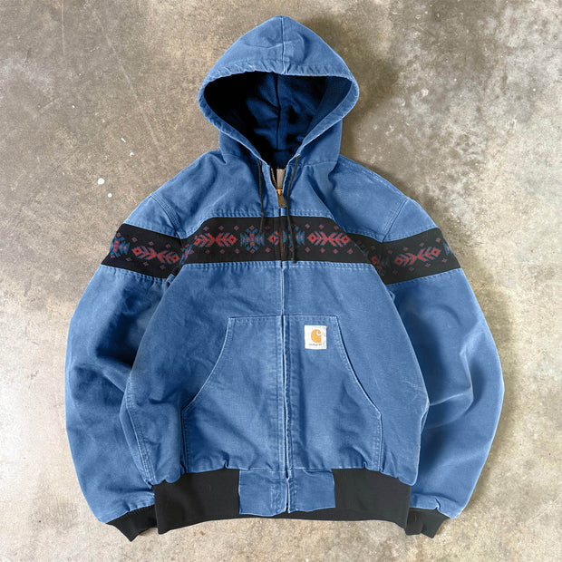 Retro ethnic pattern contrast zip-up anorak