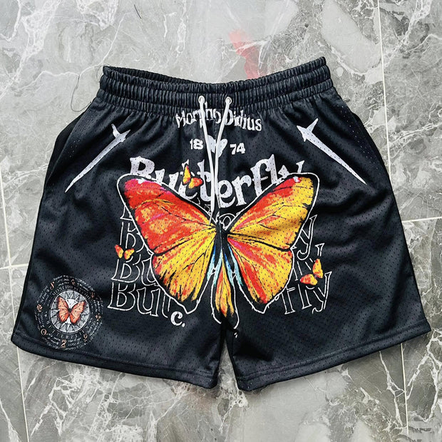Butterfly Letters Print Mesh Shorts